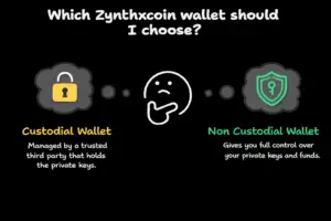 Comparison of custodial vs non-custodial Zynthxcoin wallets showing private key control and security differences