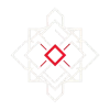 Abstract geometric Islamic pattern logo with symmetrical white lines and a red diamond center on black background.Zynthx Crypto AI-powered Solana utility meme coin logo